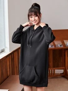 SHEIN BASICS Cozy Fleece Drop Shoulder Drawstring Hooded Sweatshirt Dress - Black - View 1