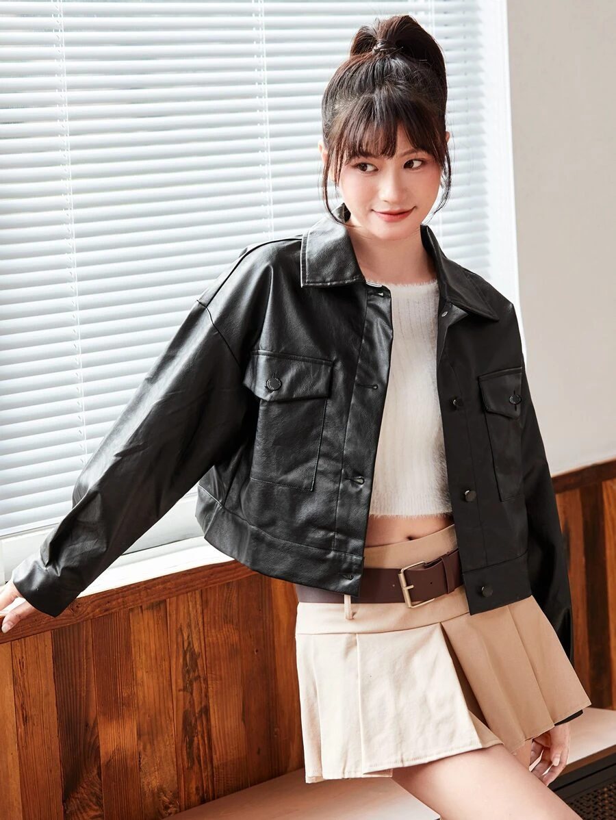 SHEIN EZwear Áo khoác Nút màu trơn Giải trí - màu đen - Xem 1