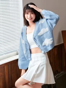 SHEIN MOOSTA 雲朵圖案落肩袖開襟衫 - 藍色 - 查看 3