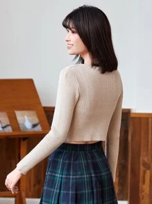 SHEIN EZwear 繫帶羅紋針織開衫 - 卡其色 - 查看 2