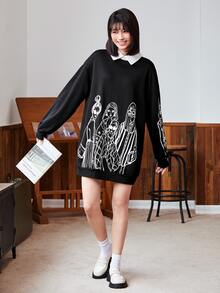 Mulvari 人像圖案拼接領套頭衫洋裝 - 黑色 - 查看 3