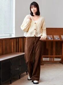 EMERY ROSE 绞花针织纯色单排扣开衫、长袖上衣 - 米色 - 查看 3