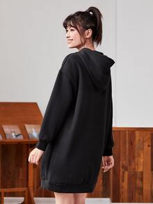 SHEIN BASICS Cozy Fleece Drop Shoulder Drawstring Hooded Sweatshirt Dress - Black - View 2