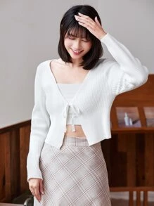 SHEIN EZwear 前系带罗纹针织开衫、长袖上衣