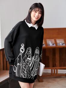 Mulvari 人像圖案拼接領套頭衫洋裝 - 黑色 - 查看 4