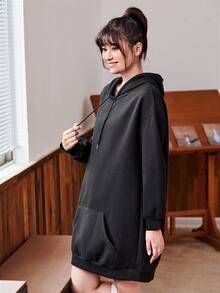 SHEIN BASICS Cozy Fleece Drop Shoulder Drawstring Hooded Sweatshirt Dress - Black - View 3