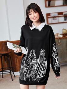 Mulvari 人像圖案拼接領套頭衫洋裝 - 黑色 - 查看 5