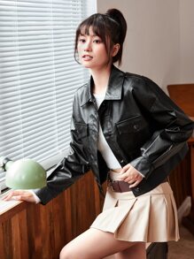 SHEIN EZwear Áo khoác Nút màu trơn Giải trí - màu đen - Xem 3