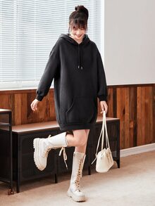 SHEIN BASICS Cozy Fleece Drop Shoulder Drawstring Hooded Sweatshirt Dress - Black - View 4