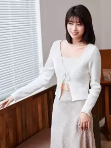 SHEIN EZwear 前系带罗纹针织开衫、长袖上衣