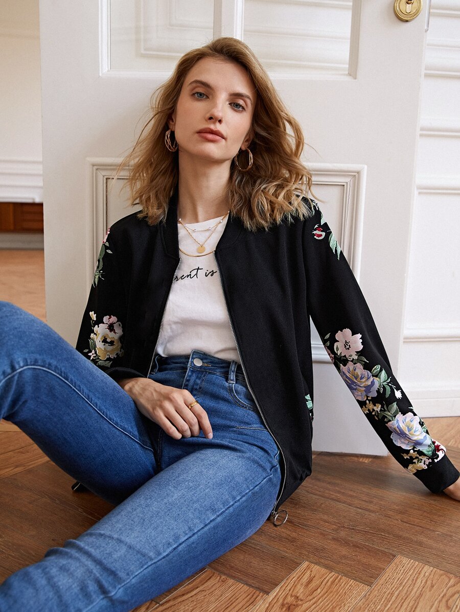 SHEIN Frenchy Áo khoác nữ Túi Dây kéo Hoa Giải trí - màu đen - Xem 1