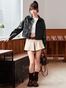 SHEIN EZwear Áo khoác Nút màu trơn Giải trí - màu đen - Xem 5