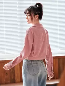 Mulvari Corduroy Flap Pocket Button Up Crop Jacket Fall Winter Cloth For Women - Dusty Pink - View 2