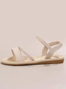 Women Beige Braided Detail Ankle Strap Sandals, Fashionable Open Toe Sandals For Vacation - Beige - View 3
