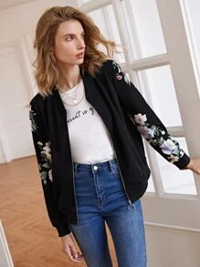 SHEIN Frenchy Áo khoác nữ Túi Dây kéo Hoa Giải trí - màu đen - Xem 4