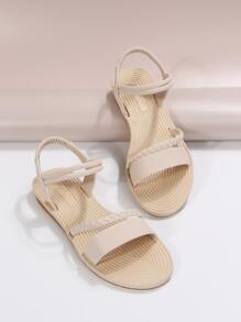 Women Beige Braided Detail Ankle Strap Sandals, Fashionable Open Toe Sandals For Vacation - Beige - View 7