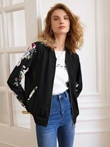 SHEIN Frenchy Áo khoác nữ Túi Dây kéo Hoa Giải trí - màu đen - Xem 5