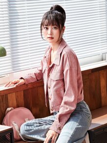 Mulvari Corduroy Flap Pocket Button Up Crop Jacket Fall Winter Cloth For Women - Dusty Pink - View 5
