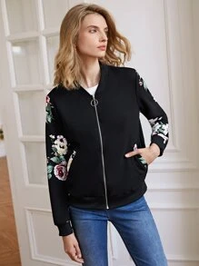 SHEIN Frenchy Áo khoác nữ Túi Dây kéo Hoa Giải trí - màu đen - Xem 6