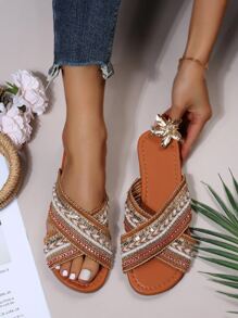 Criss Cross Slide Sandals - Brown - View 1