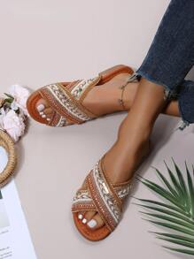 Criss Cross Slide Sandals - Brown - View 2