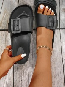 Adjustable Soft Comfortable High Elasticity Single Button Women Slide Sandals, Fashion Colors For Beach Holiday, Versatile Flat Slipper