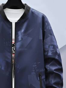 Manfinity Men Letter Graphic Zip Up Bomber Jacket Without Tee - Navy Blue - View 4