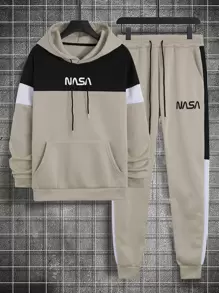 Manfinity Homme Men Letter Graphic Colorblock Kangaroo Pocket Drawstring Hoodie & Sweatpants - Khaki - View 1