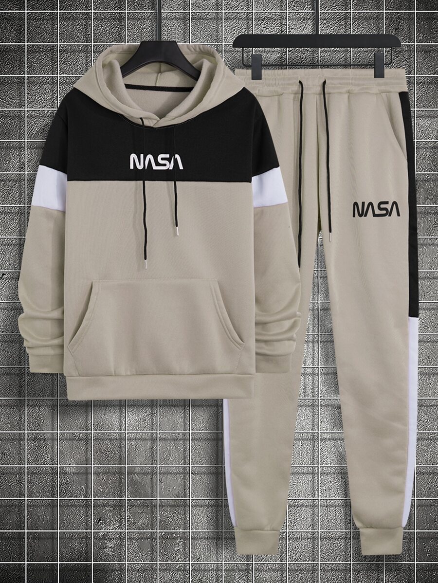Manfinity Homme Men Letter Graphic Colorblock Kangaroo Pocket Drawstring Hoodie & Sweatpants - Khaki - View 1