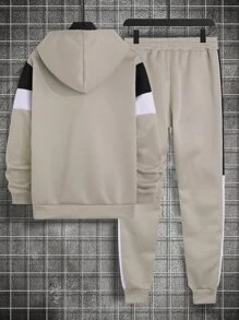 Manfinity Homme Men Letter Graphic Colorblock Kangaroo Pocket Drawstring Hoodie & Sweatpants - Khaki - View 2