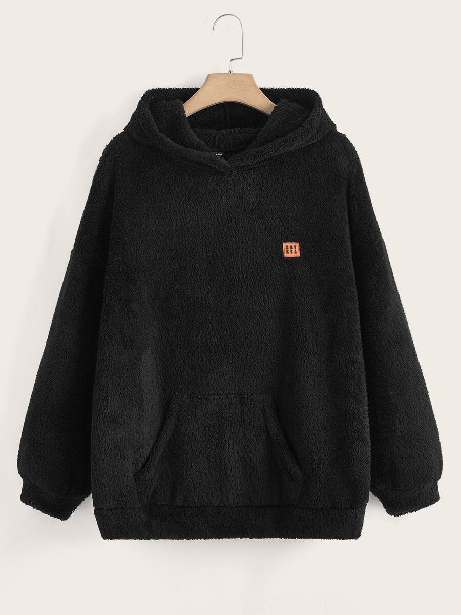 SHEIN EZwear Plus Patch Detail Drop Shoulder Hoodie - Black - View 1