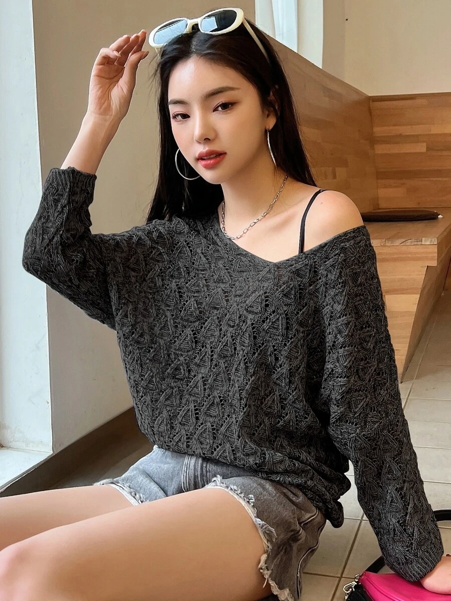 DAZY Solid Openwork Batwing Sleeve Jumper - Black - View 1
