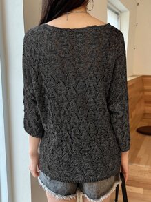 DAZY Solid Openwork Batwing Sleeve Jumper - Black - View 2