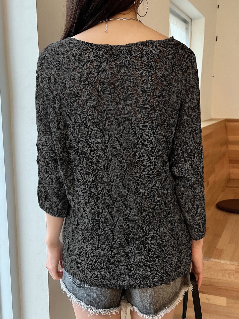 Solid Openwork Batwing Sleeve Sweater