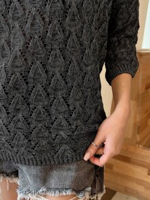 DAZY Solid Openwork Batwing Sleeve Jumper - Black - View 4