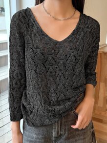 DAZY Solid Openwork Batwing Sleeve Jumper - Black - View 5