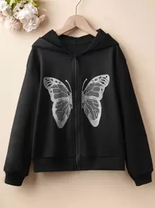 SHEIN Tween Girl Butterfly Print Drop Shoulder Zip Up Sweatshirt - Black - View 1