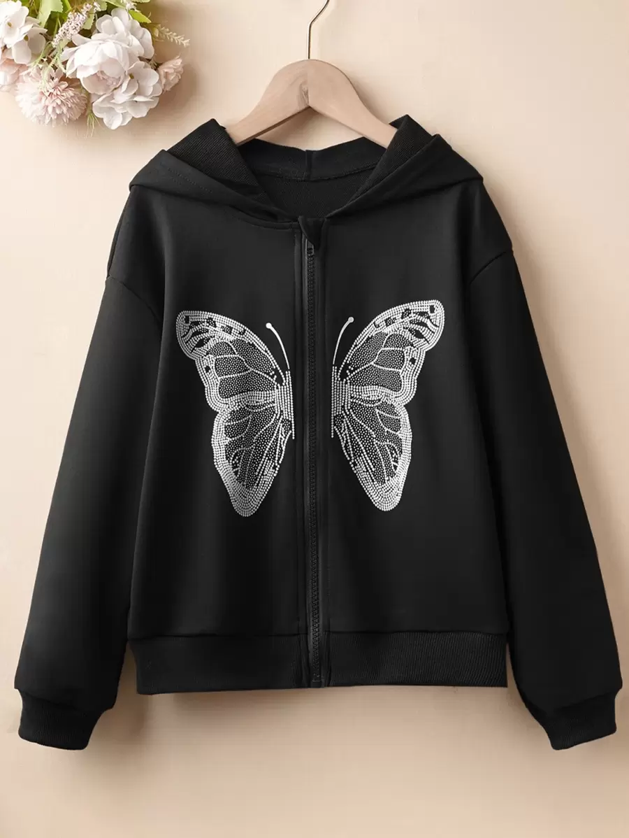 SHEIN Tween Girl Butterfly Print Drop Shoulder Zip Up Sweatshirt - Black - View 1