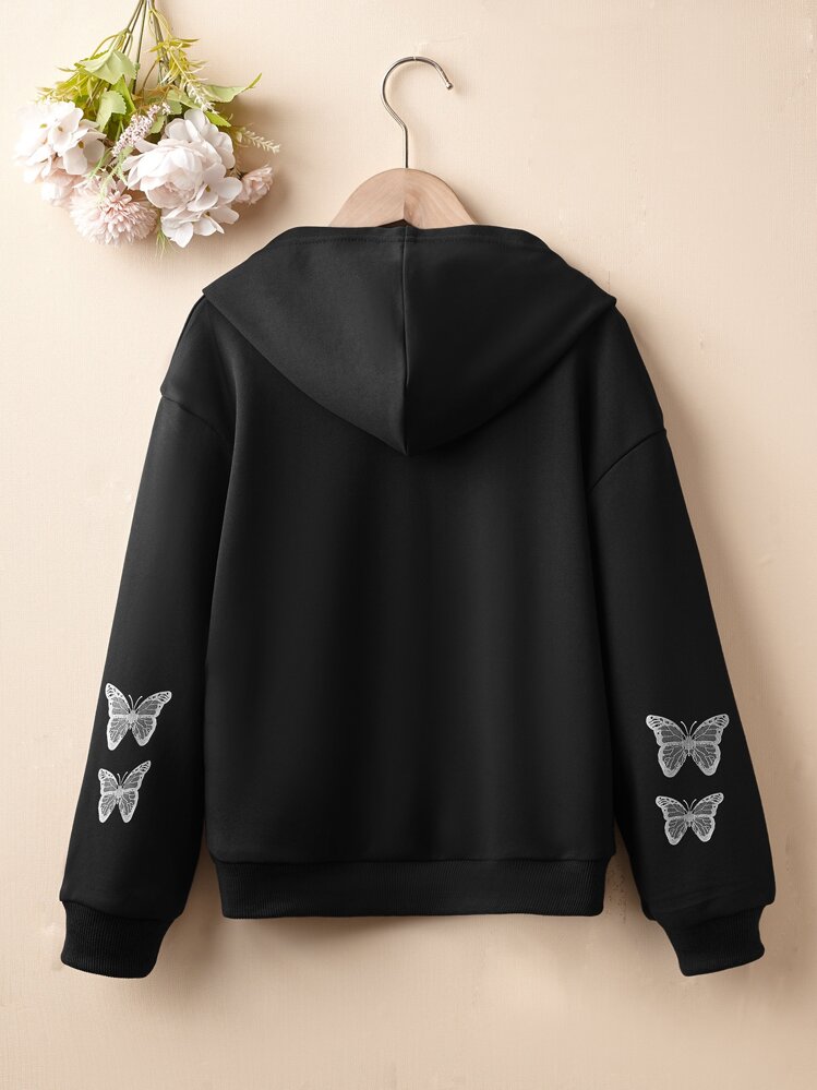 SHEIN 少女蝴蝶印花落肩拉链卫衣 - 黑色 - 查看 2