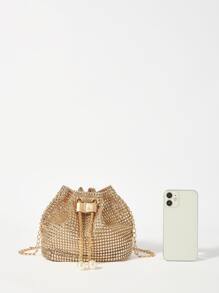 1个时尚纯色链条肩带迷你水桶斜挎包，银色水钻优雅派对风闪亮珍珠金属链条抽绳水桶斜挎包，适合女士晚宴、日常场合、夜店、购物、化妆品收纳，时尚单品 - 金色 - 查看 7