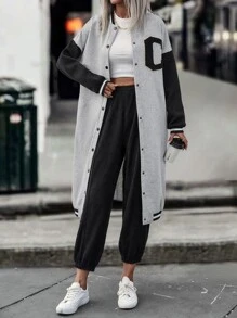 SHEIN LUNE 撞色條紋飾邊落肩袖飛行員夾克 - 灰色 - 查看 1