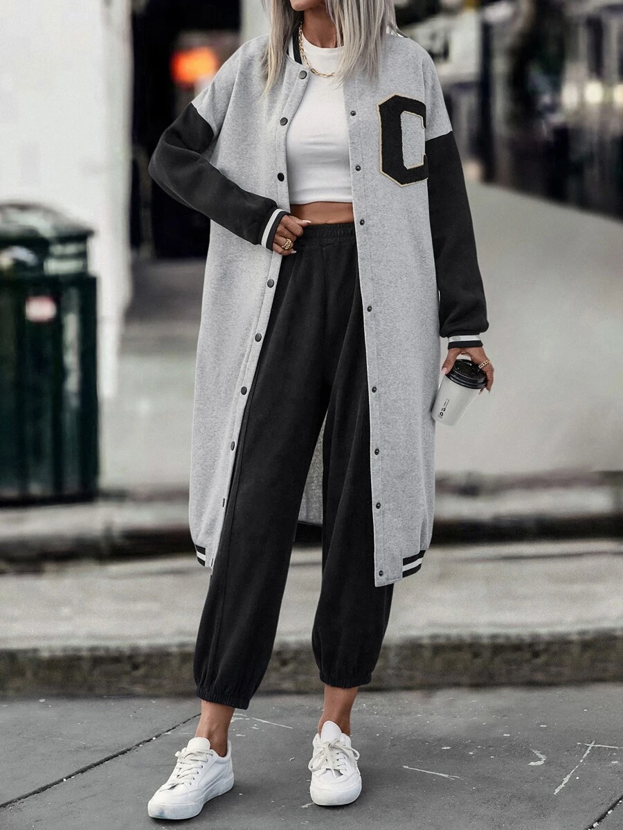 SHEIN LUNE 撞色條紋飾邊落肩袖飛行員夾克 - 灰色 - 查看 1