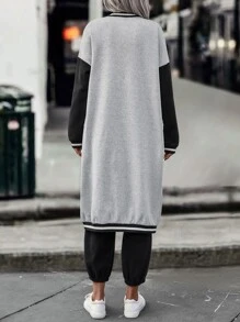 SHEIN LUNE 撞色條紋飾邊落肩袖飛行員夾克 - 灰色 - 查看 2