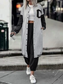 SHEIN LUNE 撞色條紋飾邊落肩袖飛行員夾克 - 灰色 - 查看 4