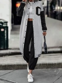 SHEIN LUNE 撞色條紋飾邊落肩袖飛行員夾克 - 灰色 - 查看 6