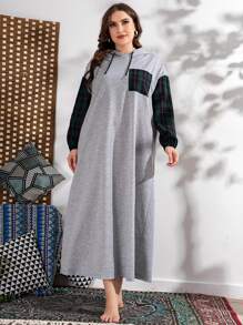 Mulvari 大碼蘇格蘭格紋拼塊落肩袖抽繩連帽連衣裙 - 淺灰色 - 查看 3