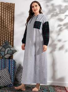 Mulvari 大碼蘇格蘭格紋拼塊落肩袖抽繩連帽連衣裙 - 淺灰色 - 查看 5