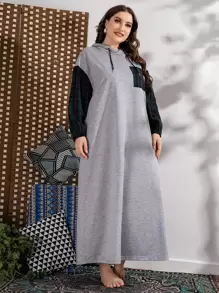 Mulvari 大碼蘇格蘭格紋拼塊落肩袖抽繩連帽連衣裙 - 淺灰色 - 查看 1