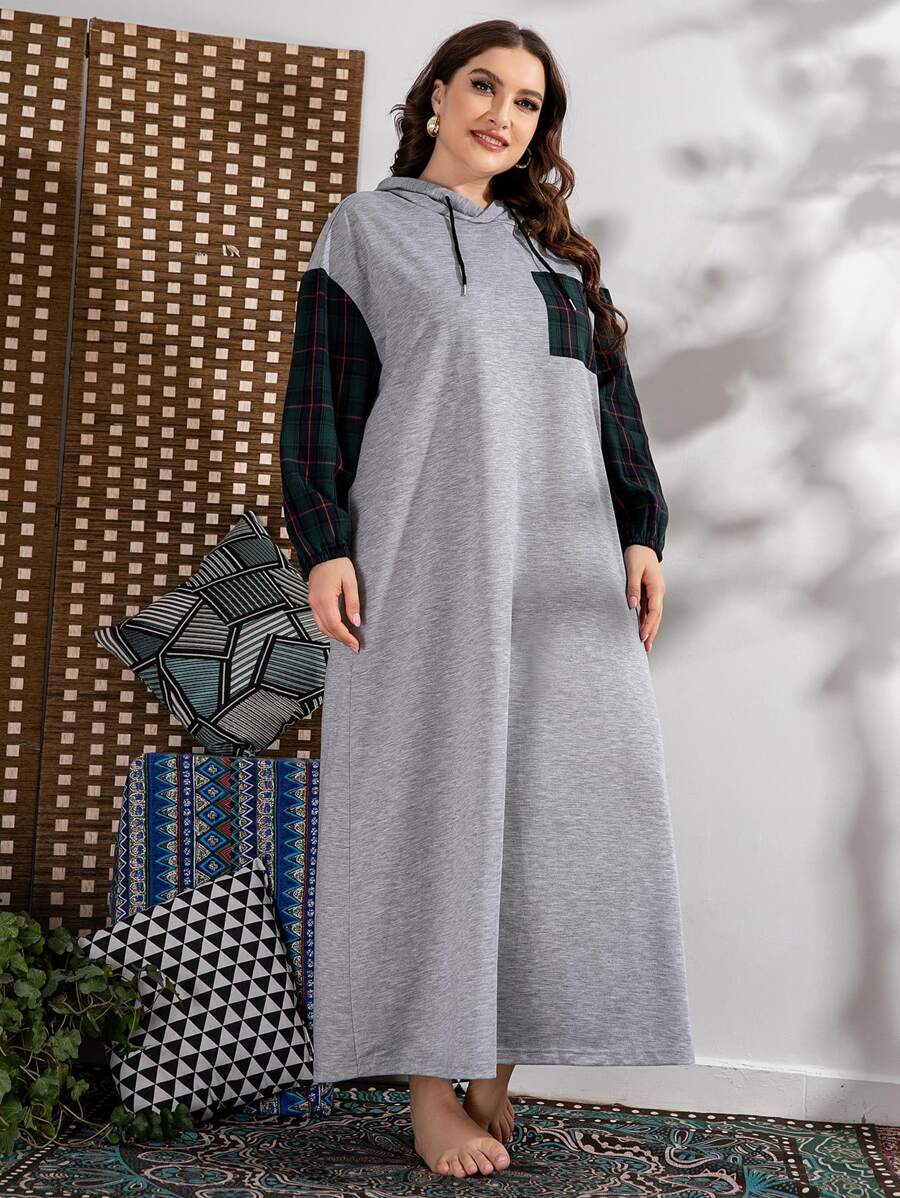 Mulvari 大碼蘇格蘭格紋拼塊落肩袖抽繩連帽連衣裙 - 淺灰色 - 查看 1