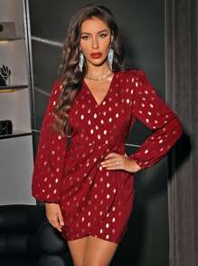 SHEIN Clasi Damen Kleid mit goldfarbenem Punktdruck, Laternärmel und Wickelsaum, Weihnachtsoutfit für Damen, Weihnachtskleid, Weihnachtsparty Kleid, Festtagskleid, Geburtstagsoutfit für Damen, Silvesterkleid, Geburtstagkleid in Burgund